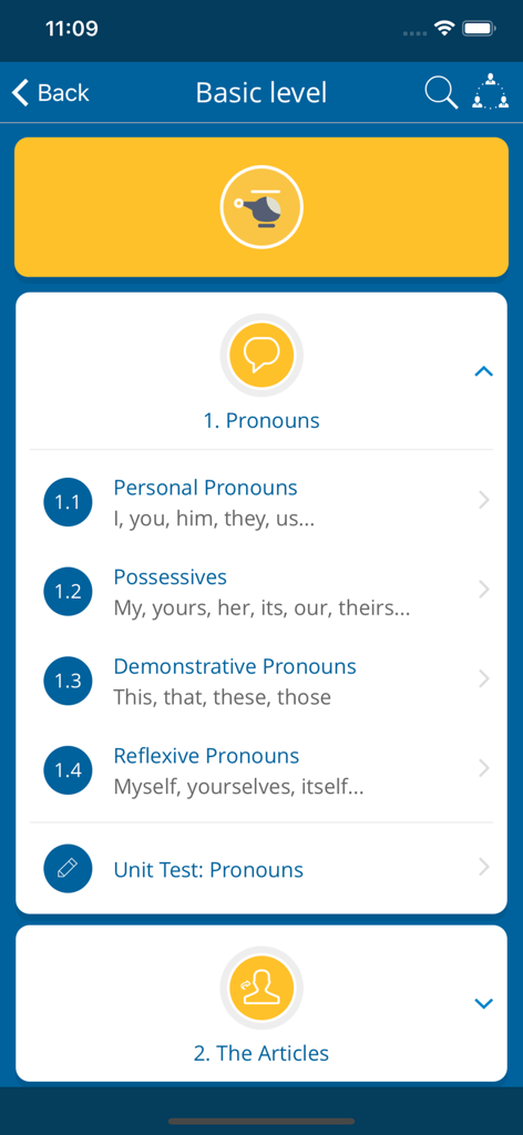 English Course - Learn English - Mobile app screen showing a basic level English grammar module focused on pronouns