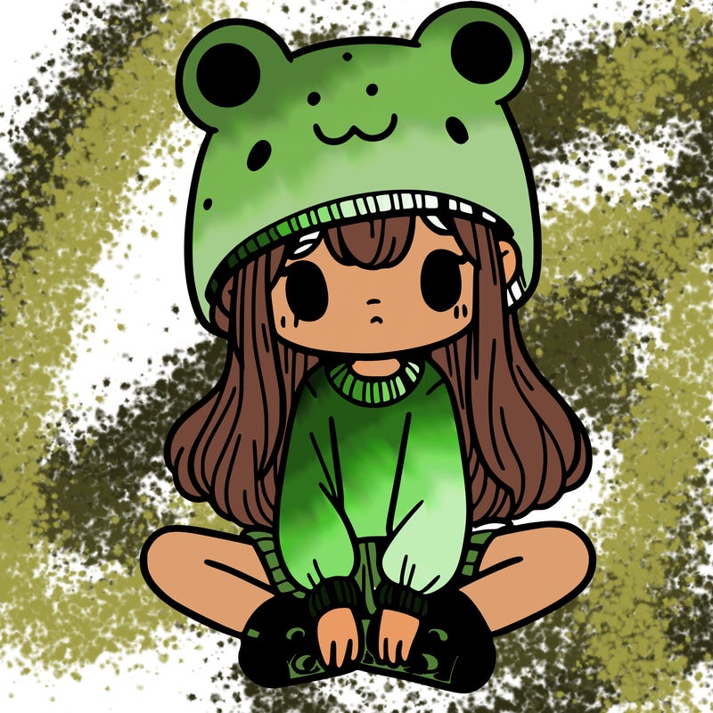 a girl wearing a frog hat and some frog socks