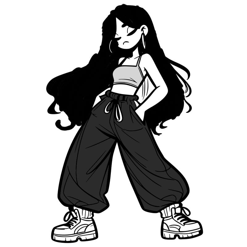 girl in baggy pants crop top and long hair