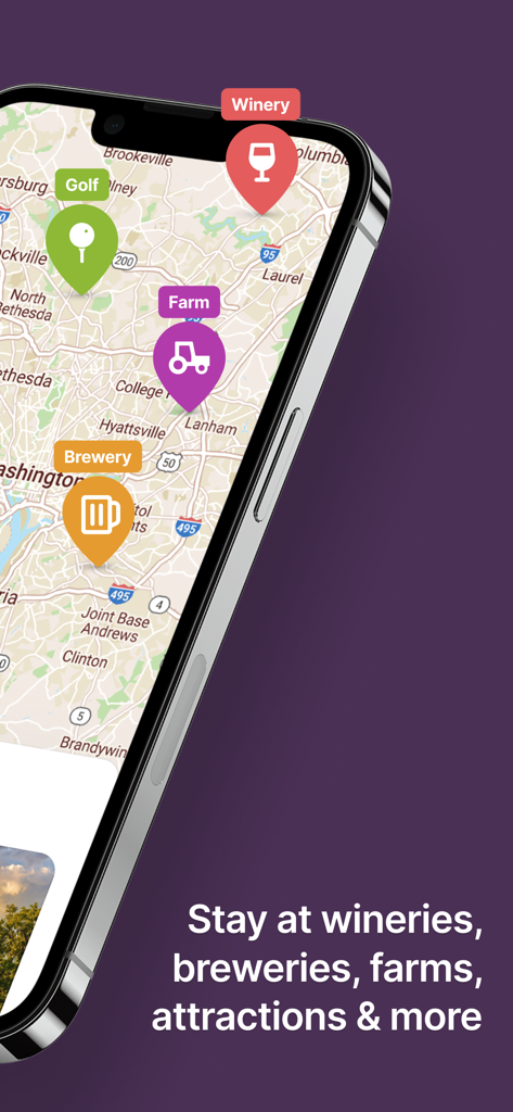 Smartphone displaying Harvest Hosts app map with location pins for wineries breweries and farms