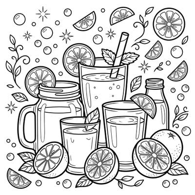 Quench your creative thirst with this delightful coloring page featuring an array of refreshing citrus smoothies and juices. Adorned with oranges, lemons, and limes, it's a vibrant scene waiting for your artistic touch.