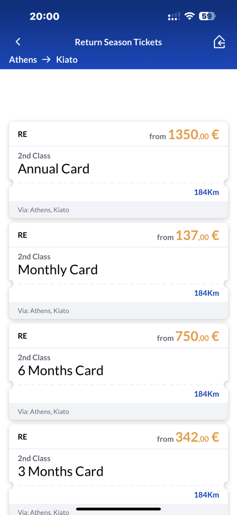 Pantalla de la aplicación Hellenic Train que muestra las opciones de precios de abonos de ida y vuelta para viajar entre Atenas y Kiato