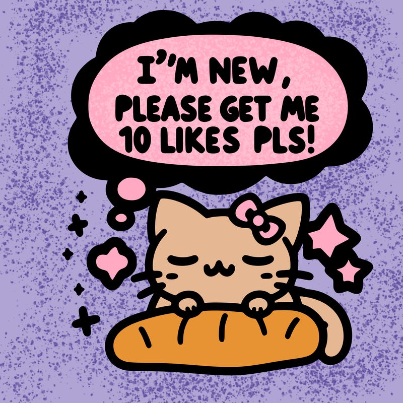 kitty taking a nap dream talking and saying "i'm new, please get me at least 10 likes pls!!"