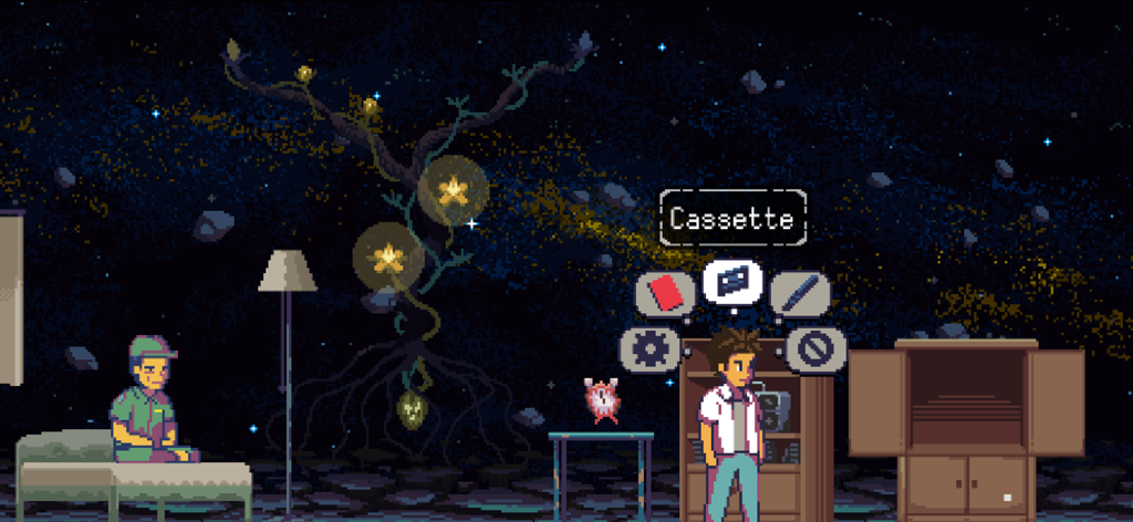 Pixel art character interacting with a cassette tape in an inventory menu