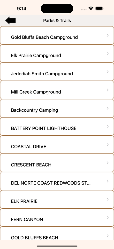 Redwood = National Park - List of parks trails and campgrounds in the Redwood National Park app
