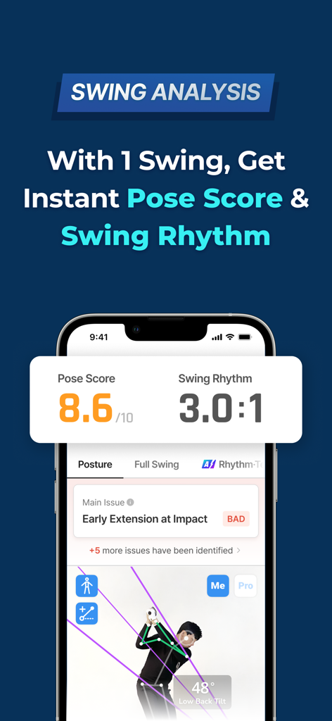 GolfFix AI Golf Swing Analyzer - Screenshot dell'app GolfFix che mostra l'analisi AI dello swing con punteggio di posa, metriche di ritmo dello swing e sovrapposizione del tracciamento scheletrico su un golfista.