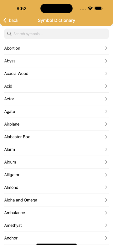 Orthodox Symbolism - Alphabetical list of dream symbols in the Orthodox Symbolism app dictionary