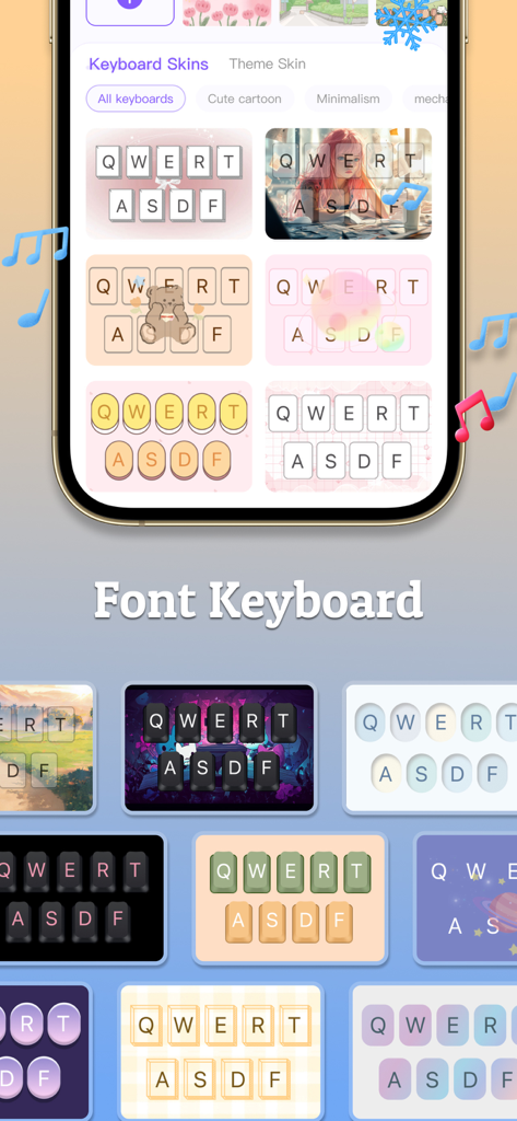 Fonts Art: Keyboard Fonts - A variety of aesthetic and stylish keyboard skins and themes shown on a smartphone screen.