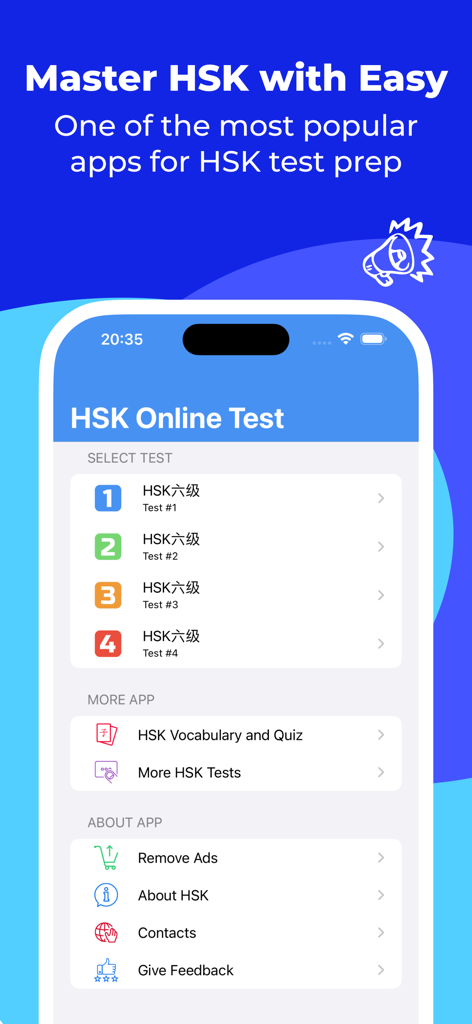 The main screen of the HSK-6 online test app showing a list of practice exams and study tools.