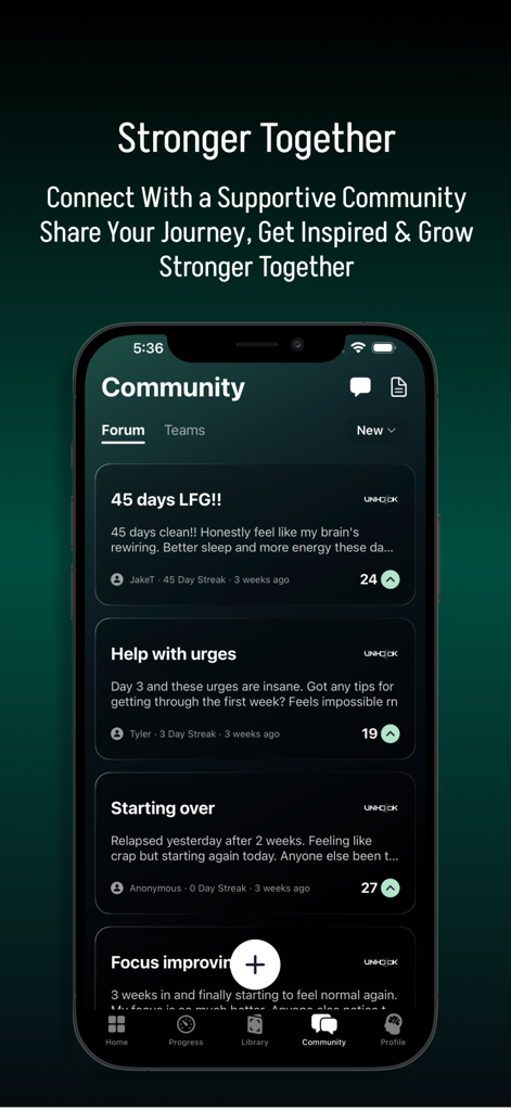 Unhook: Quit Porn & Reboot - Screenshot of the Unhook app community forum where users share recovery journeys and support each other.