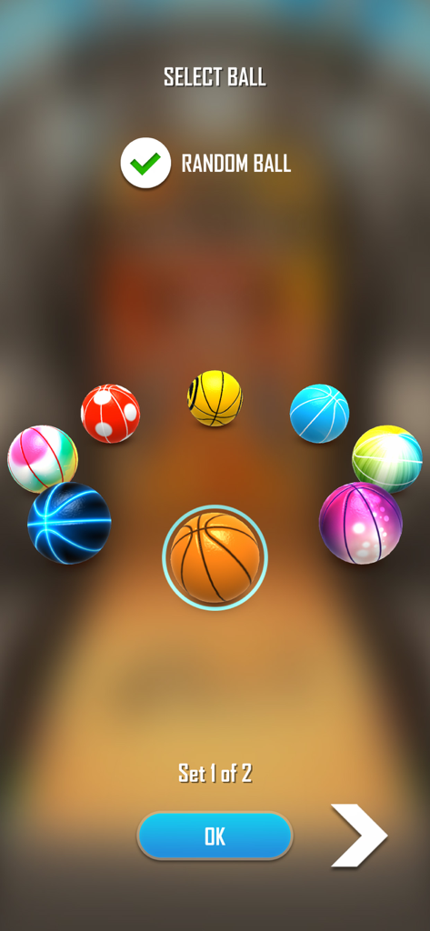 Basketball Flick 3D - A menu showing different colorful basketball designs available for selection in Basketball Flick 3D.