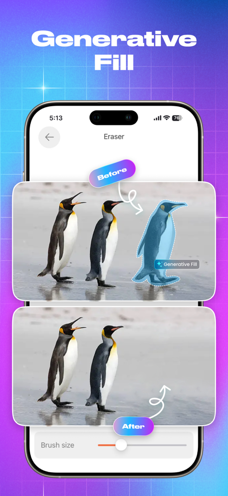 Photo Remover - Erase Objects - Comparison showing the before and after effects of using generative fill to remove a penguin from a photo