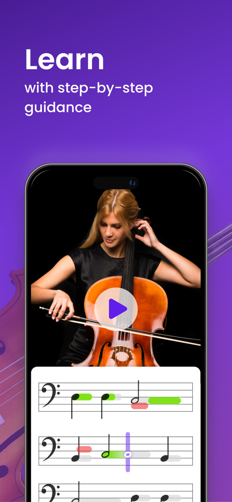 Smartphone screen displaying a cello video lesson and interactive sheet music with real-time feedback