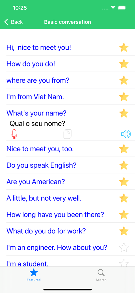 Learn Brazilian Portuguese Pre - A screen displaying basic Brazilian Portuguese conversation phrases with audio and recording options