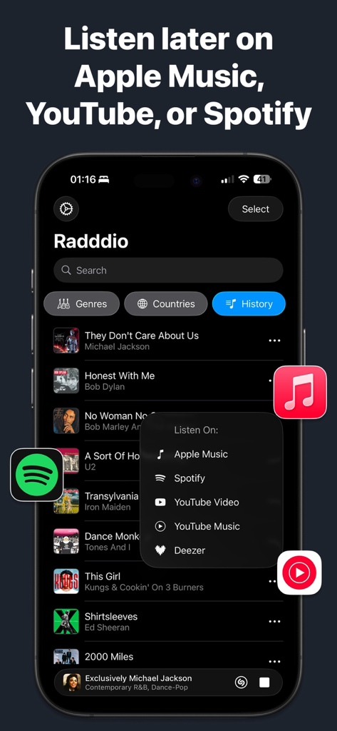 Application Radddio affichant l'historique des chansons avec des options pour écouter sur Apple Music ou Spotify.