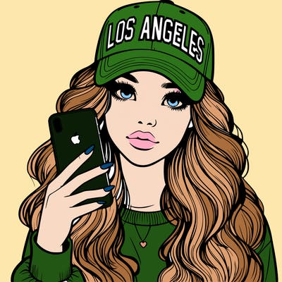 realistic beautiful girl wearing los ángeles cap holding an iphone