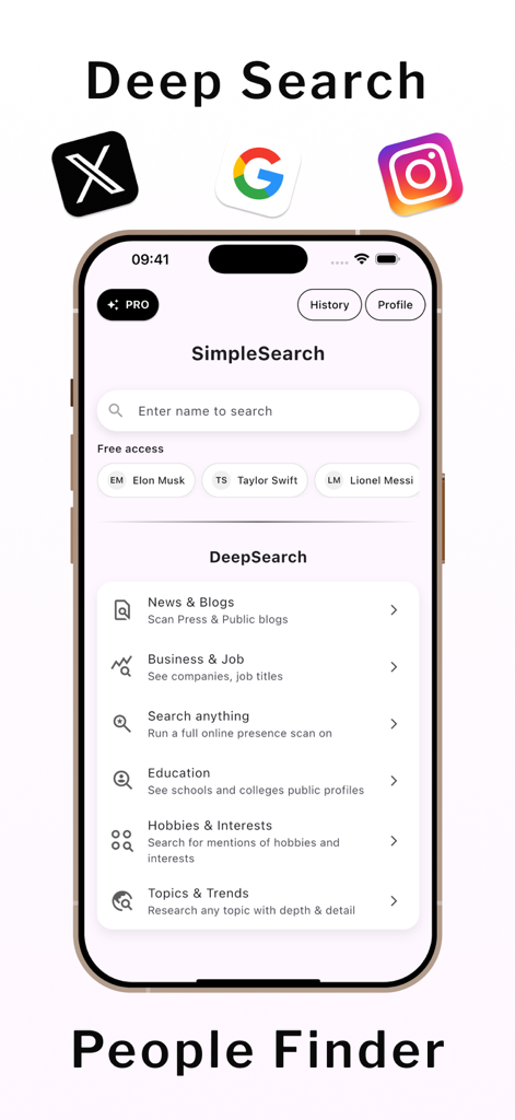 Deepsearch AI: People Finder - Deepsearch AI Personenfinder App-Oberfläche mit Suchleiste und Kategorien für Hintergrundüberprüfungen