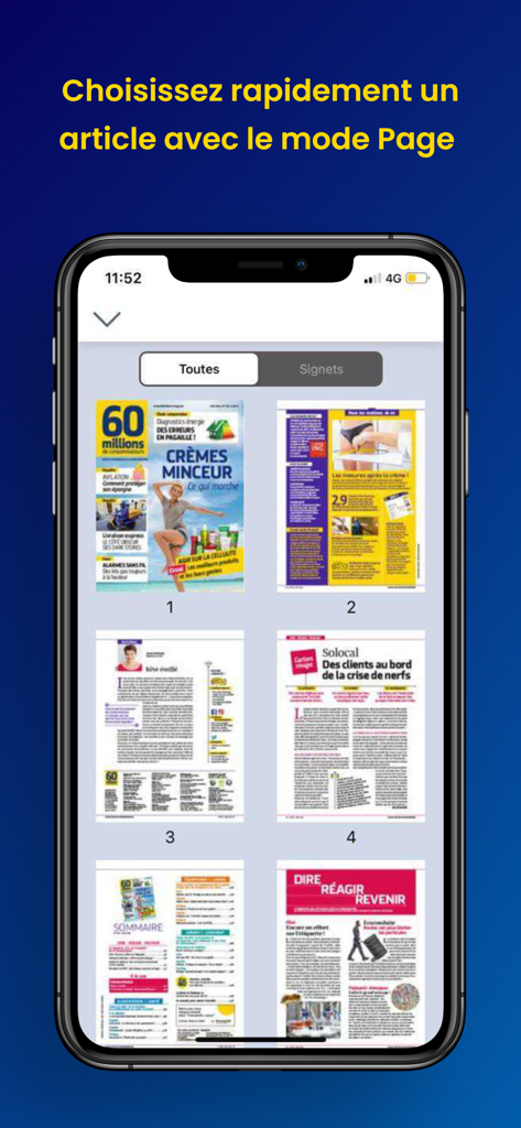60 Millions - Grid view of magazine pages for quick article selection in the 60 Millions app