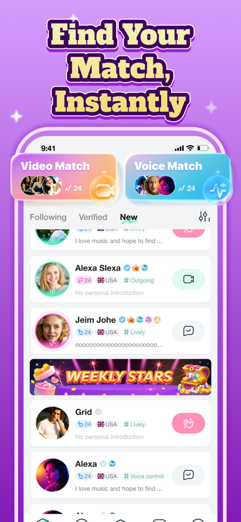 Interfaz de la app móvil Sona mostrando funciones de coincidencia de voz y video con lista de perfiles de usuario