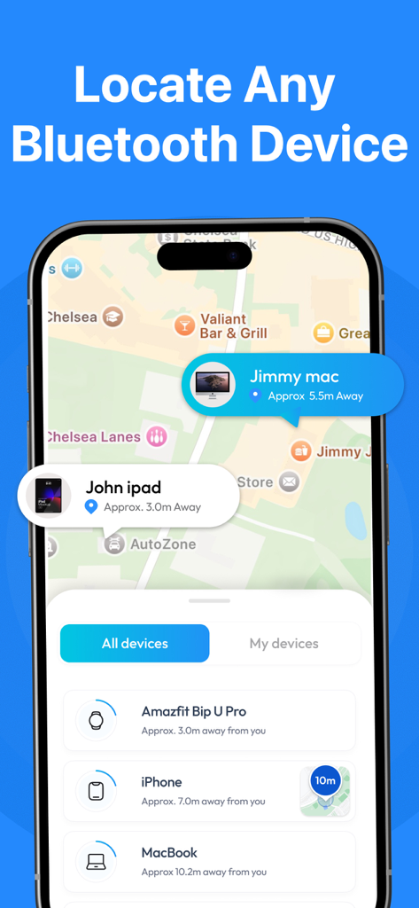 Wonderfind - Bluetooth Finder - A smartphone screen showing the Wonderfind app interface with a map displaying the locations of nearby Bluetooth devices like an iPad and MacBook with distance indicators.