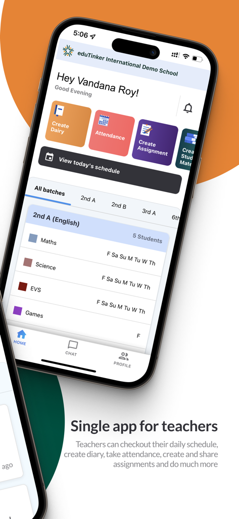 eduTinker: Your Institute App - Panel de control del maestro en la aplicación eduTinker que muestra horarios de clases y herramientas de gestión de estudiantes