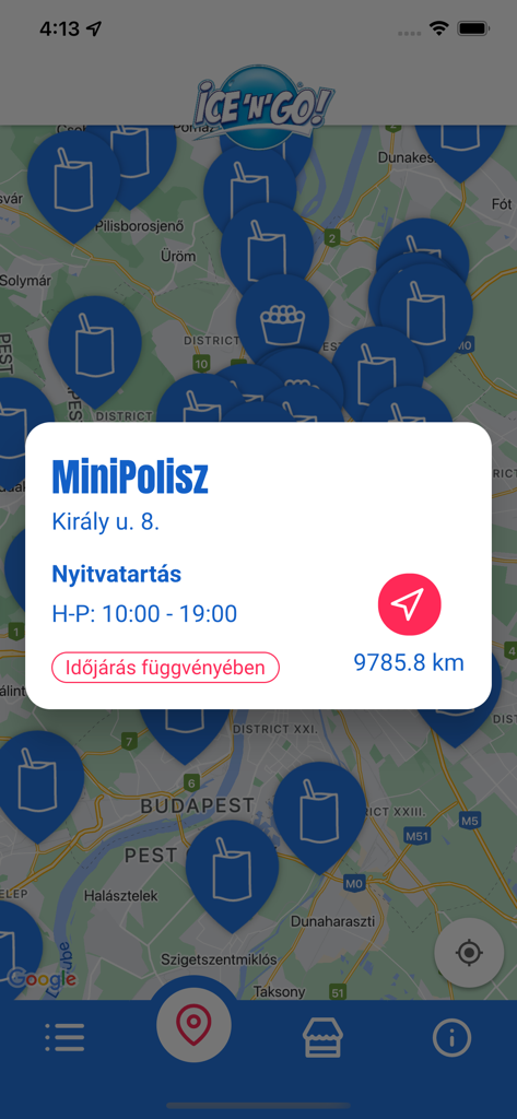 Interface de carte dans l'application Ice’N’Go! montrant les emplacements de glaces à proximité et les détails du magasin.