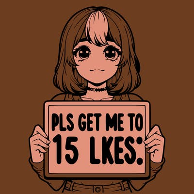realistic girl holding up a sign that says “pls get me to 15 likes!”