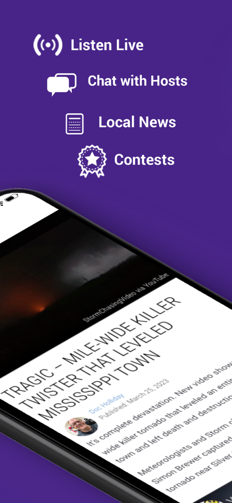 Tela do 318 News App mostrando um artigo de notícias local sobre uma tempestade, juntamente com recursos como Ouvir Ao Vivo e Notícias Locais.