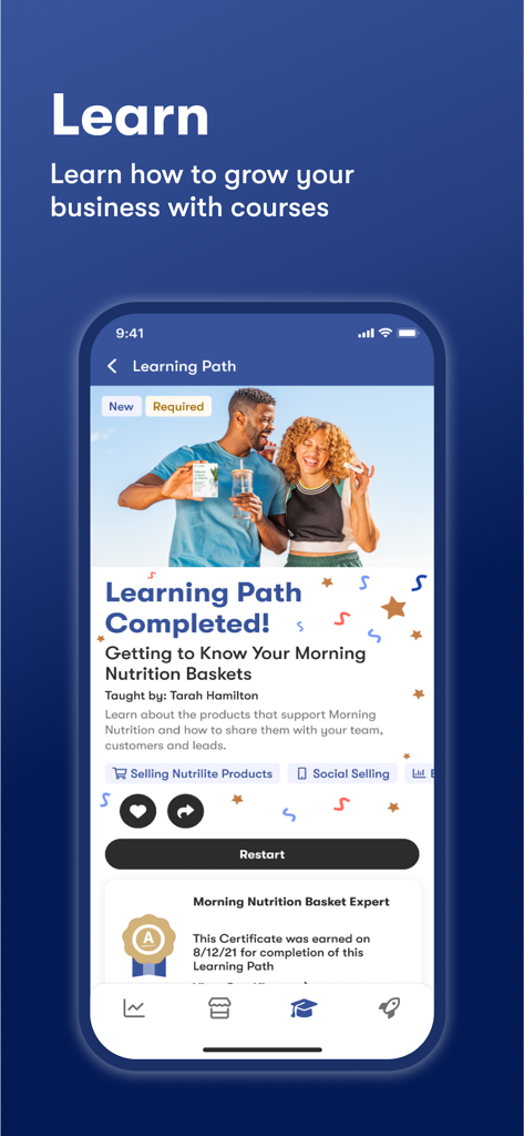 Amway plus app screen showing a completed nutrition course certificate for business owners