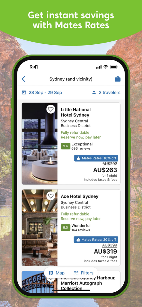Wotif Hotels & Flights - Wotif app interface displaying Sydney hotel search results with Mates Rates discounts