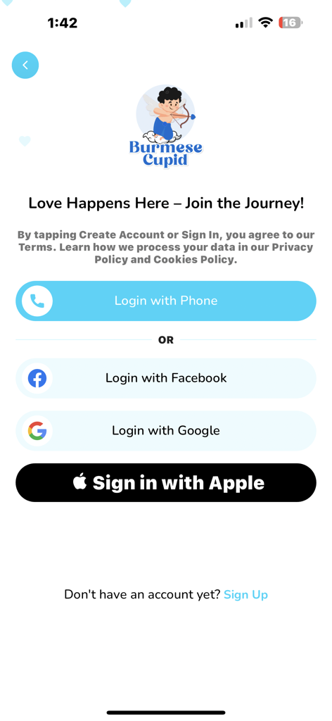 Burmese Cupid - Burmese Cupid dating app login screen with various sign in options