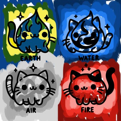 4 cats that represent the different elements, earth, water, air, and fire