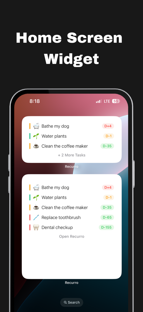 Recurro - Recurro home screen widgets showing recurring tasks like pet care and plant watering on an iPhone