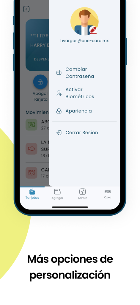 OneCard OCSI - Menú de perfil de usuario en la aplicación OneCard OCSI que muestra configuraciones de personalización y seguridad como biométricos y gestión de contraseñas.