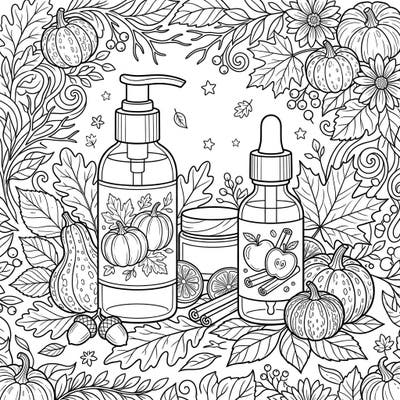Discover the beauty of seasonal skincare with this charming autumn-themed coloring page. Featuring elegant toner and essence bottles nestled amidst a bounty of fall leaves, pumpkins, and warm spices, it's perfect for a relaxing artistic escape.