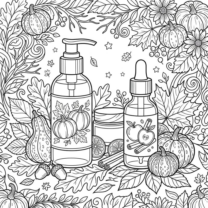 Discover the beauty of seasonal skincare with this charming autumn-themed coloring page. Featuring elegant toner and essence bottles nestled amidst a bounty of fall leaves, pumpkins, and warm spices, it's perfect for a relaxing artistic escape.