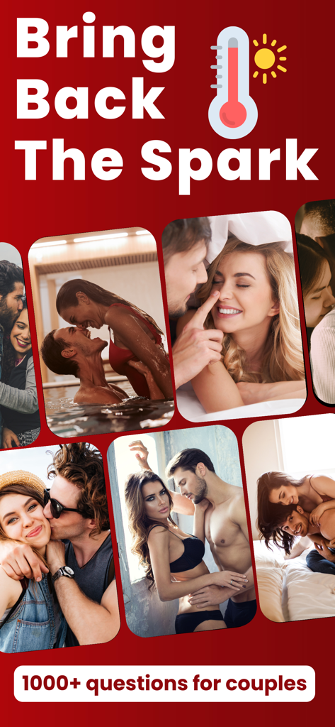 Couple Games Questions - LuvQ - Pantalla de la aplicación LuvQ con el encabezado Vuelve a Despertar la Chispa, presentando un collage de parejas y más de 1000 preguntas sobre relaciones