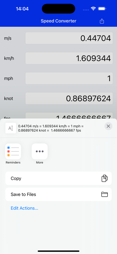 Speed Converter - Screenshot dell'app Convertitore di Velocità mobile che mostra la conversione tra mph, km/h e nodi con un menu di condivisione iOS aperto.