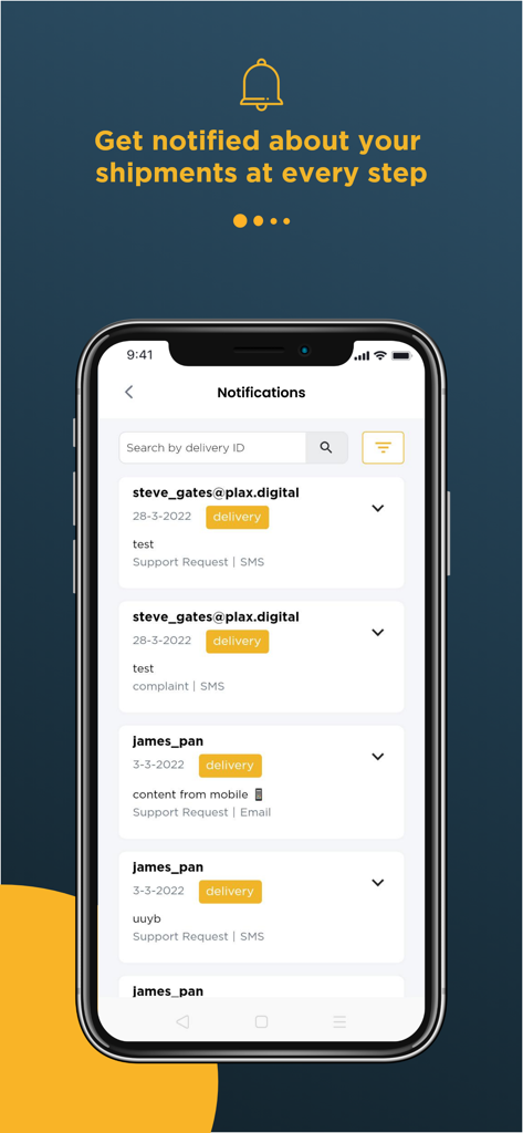iCARRY - iCARRY mobile app notifications interface showing delivery status updates and support requests for business shipments