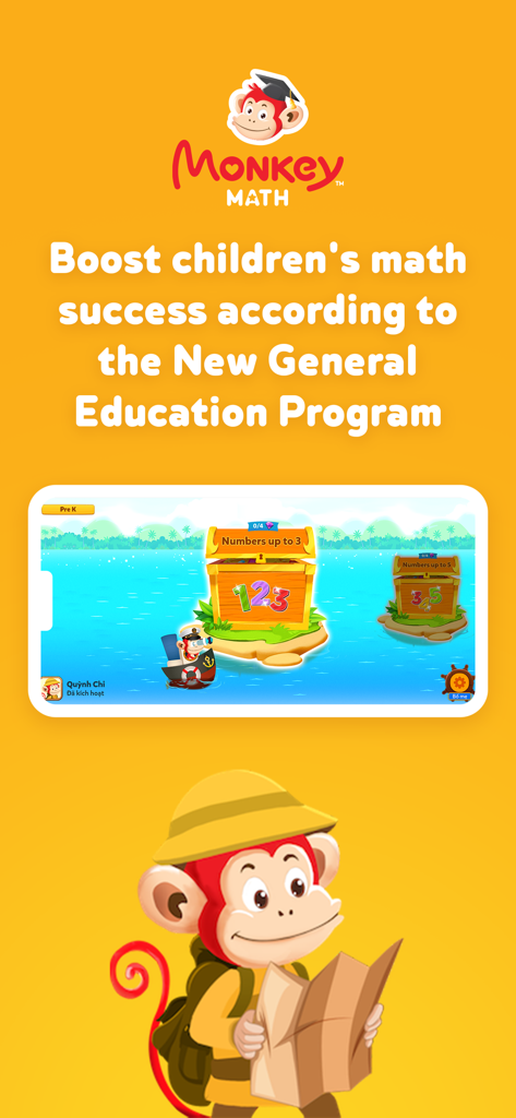 Monkey Math app preview showing treasure hunt gameplay for kids with an explorer monkey mascot