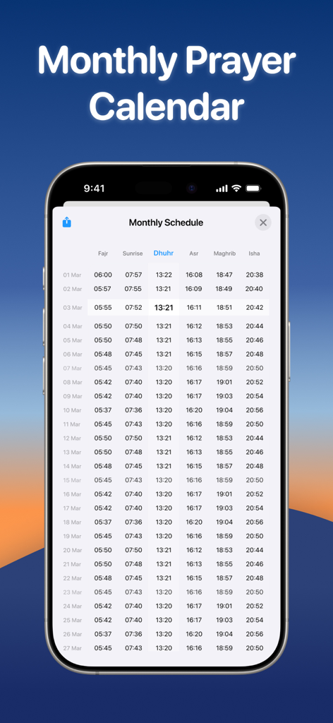 Monthly prayer calendar displaying daily prayer times for Fajr Dhuhr Asr Maghrib and Isha on the Athan Pro app interface