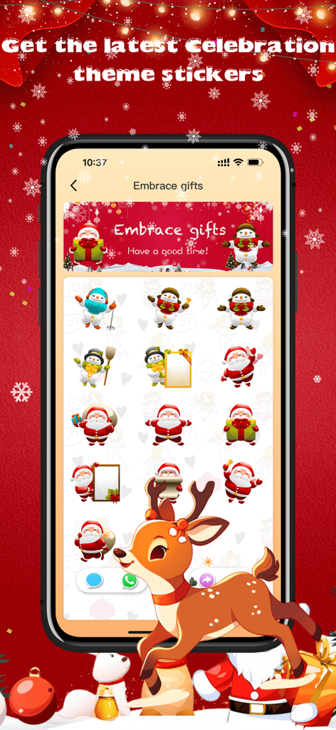 A mobile app interface displaying a collection of Christmas themed stickers featuring Santa Claus and snowmen