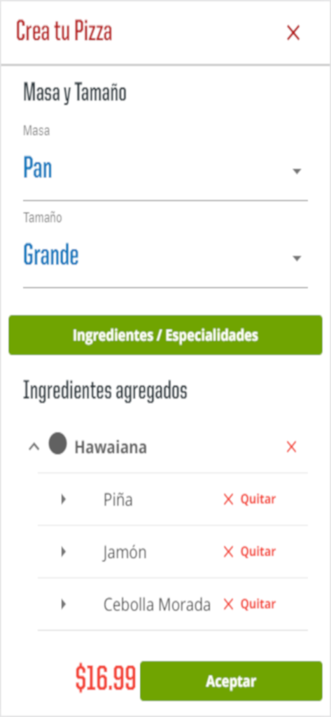 Interface of the Pizza Hut El Salvador app showing pizza customization options for crust size and ingredients like Hawaiian ham and pineapple