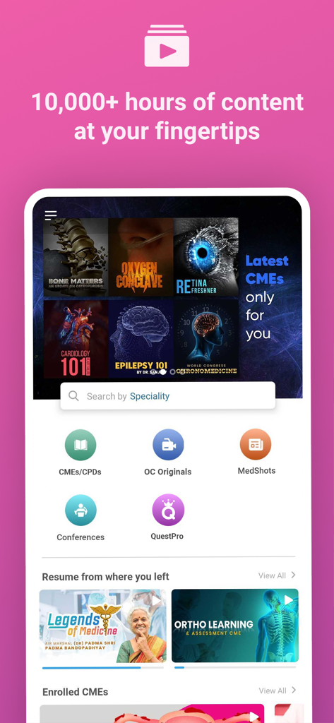 OC Doctor - Mobile interface of the OC Doctor app featuring medical education modules and CME courses for healthcare professionals