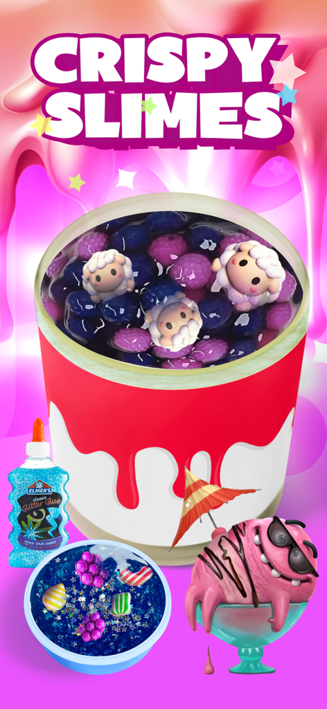 A colorful promotional screen for Slime Pet showing crispy slime textures with cute sheep characters and DIY materials like glitter glue