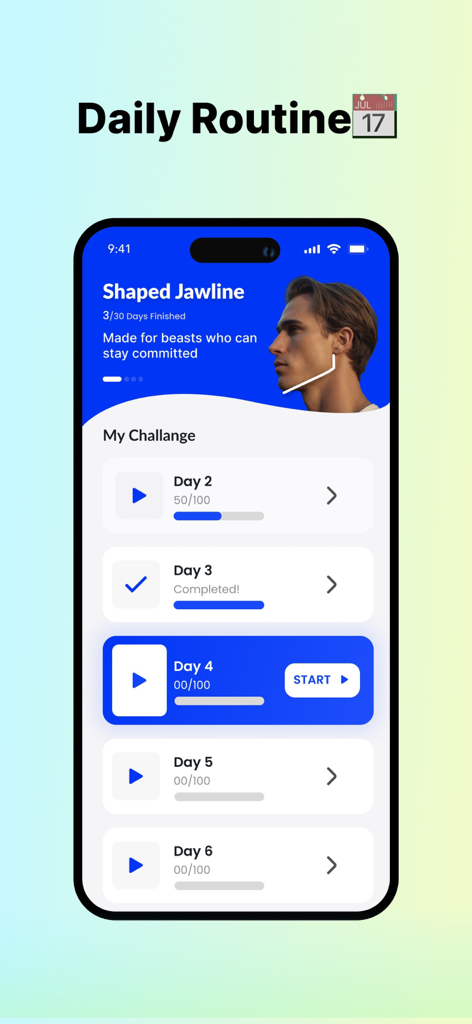 Jawline Exercises and Mewing - 30日間の顎のラインエクササイズルーチンと進捗トラッカーを表示するスマートフォンの画面