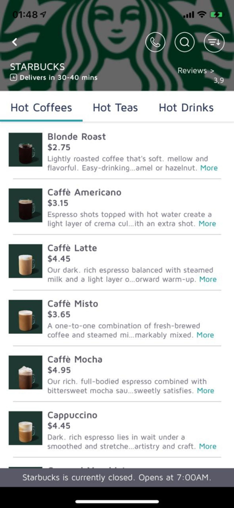 Patio Delivery mobile app displaying Starbucks hot coffee menu options and prices