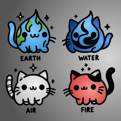 4 cats that represent the different elements, earth, water, air, and fire