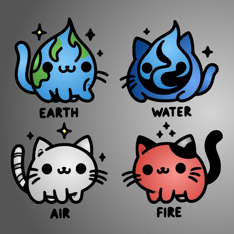 4 cats that represent the different elements, earth, water, air, and fire