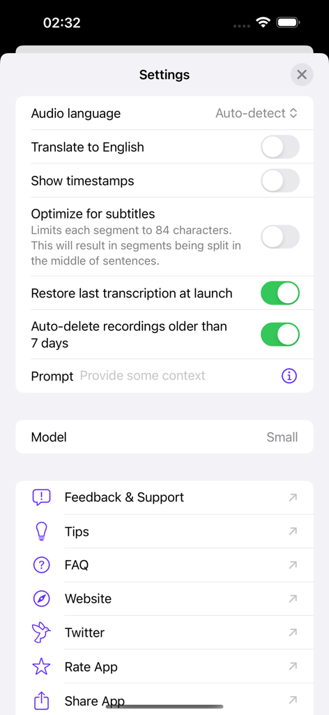Aiko app settings menu showing transcription options and subtitle optimization